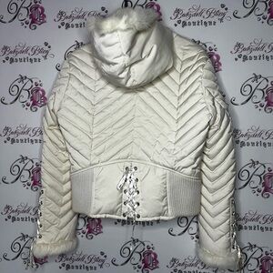Bebe corset coat jacket snow bunny fur rabbit White Quilted Jacket Fur Trim hood